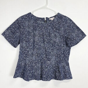 Gap Blouse Womens Size 6 Blue White Dots Peplum Round Neck Short Sleeve Zip Back